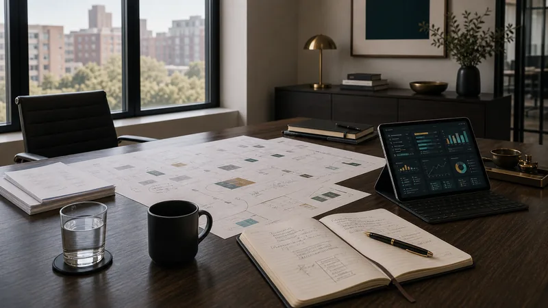 Operating evidence, notes, and dashboard materials arranged on an advisory desk