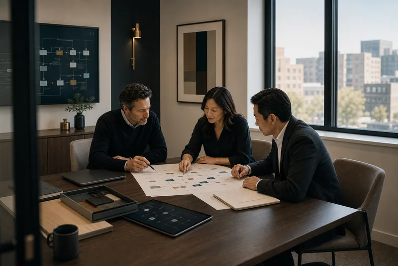 Advisory team reviewing operating materials in a conference room