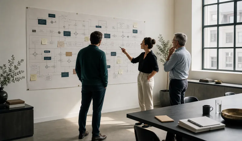 Team reviewing a workflow wall with operating and system handoff points