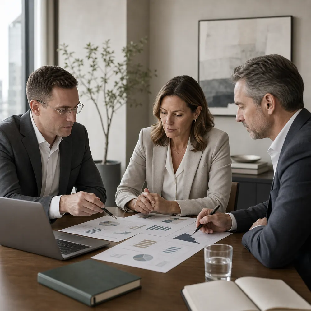 Alternative investment team reviewing fund materials