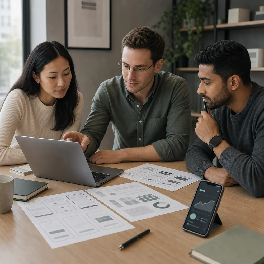 Fintech team reviewing product screens and app analytics