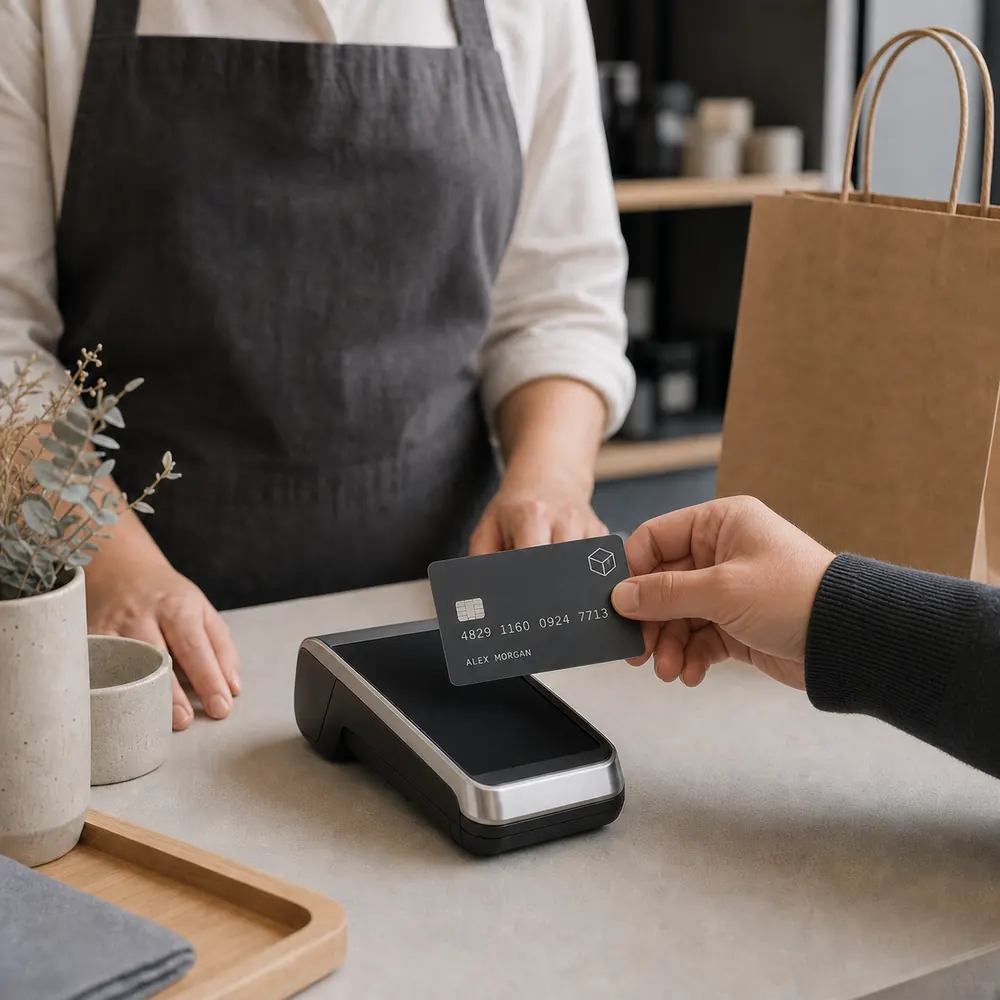 Payment card held above a checkout terminal