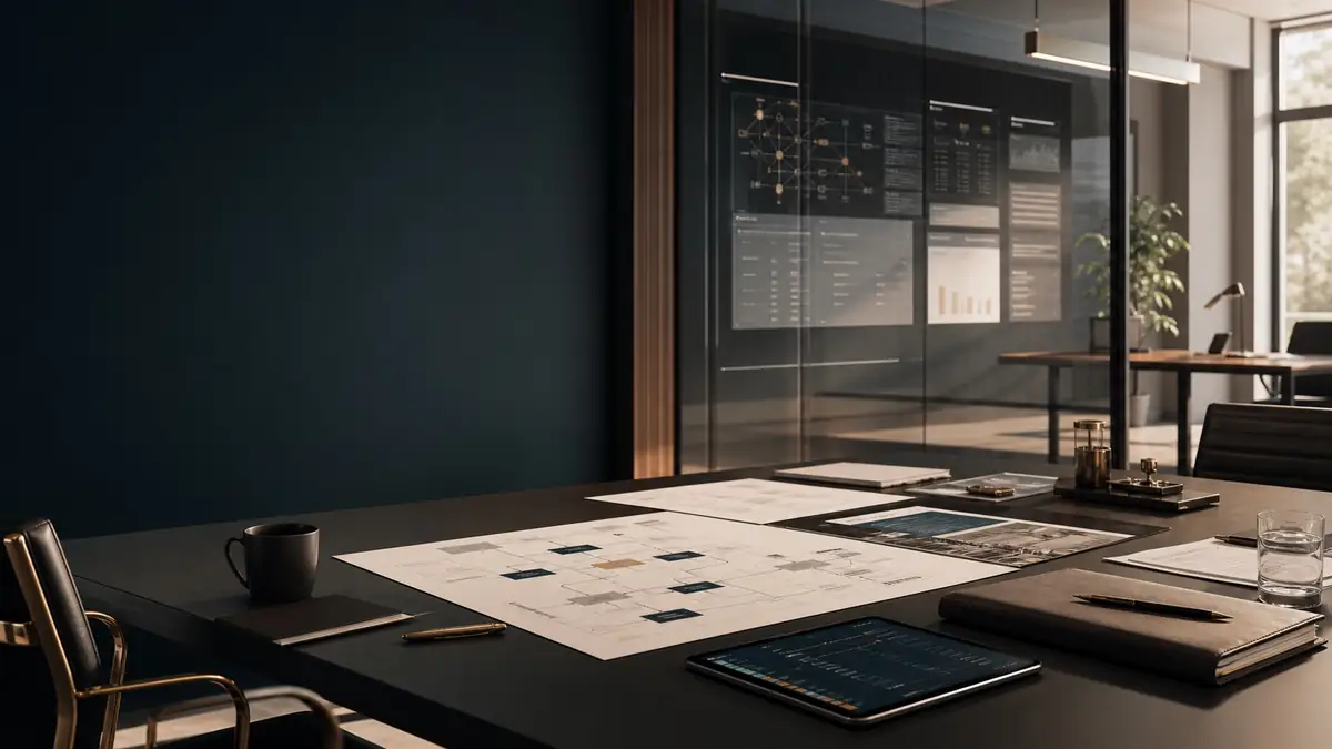 Executive operations room with process maps and operating layer materials