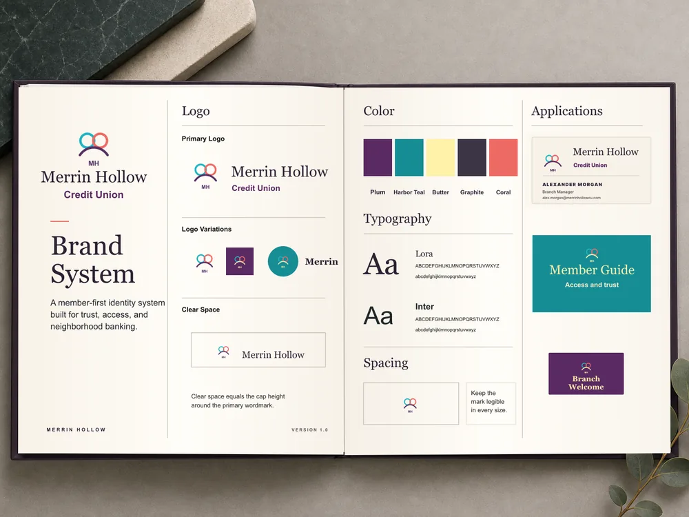 Merrin Hollow Credit Union brand identity system mockup with logo and color palette