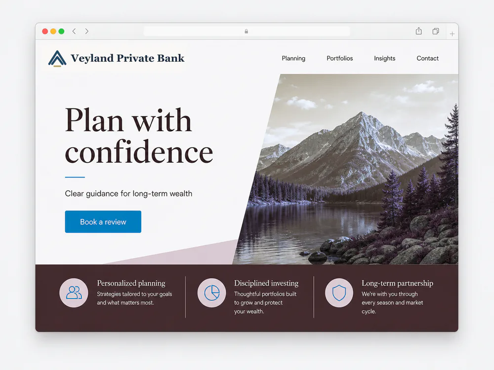 Veyland Private Bank website mockup with private banking dashboard