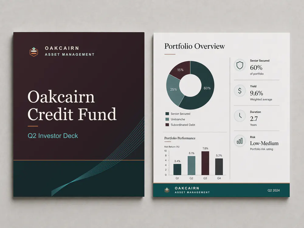 Oakcairn Asset Management fund deck cover and portfolio overview mockup