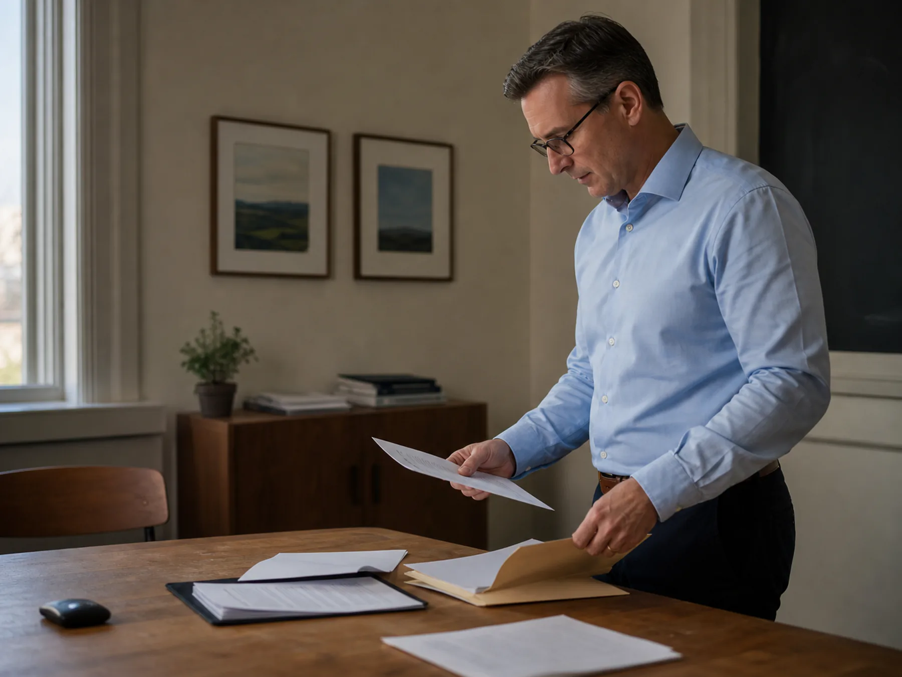 Illustrative asset-management practitioner reviewing marketing work.